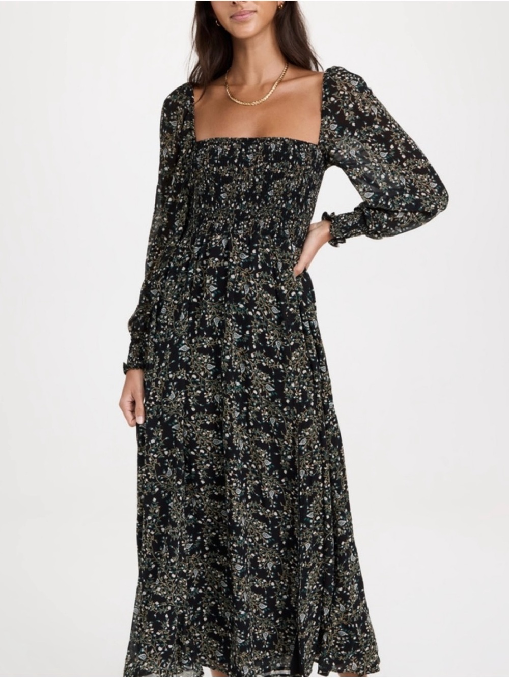 O.P.T. OPT Black Floral Smocked Square-Neck Maxi Dress with Long Sleeves